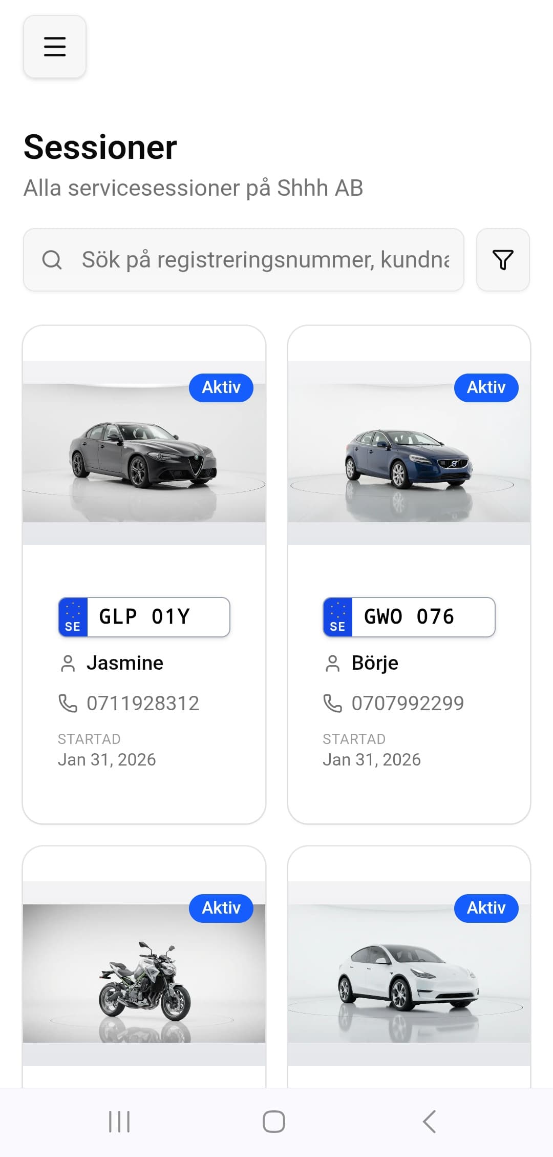 Sessionslista med aktiva ärenden