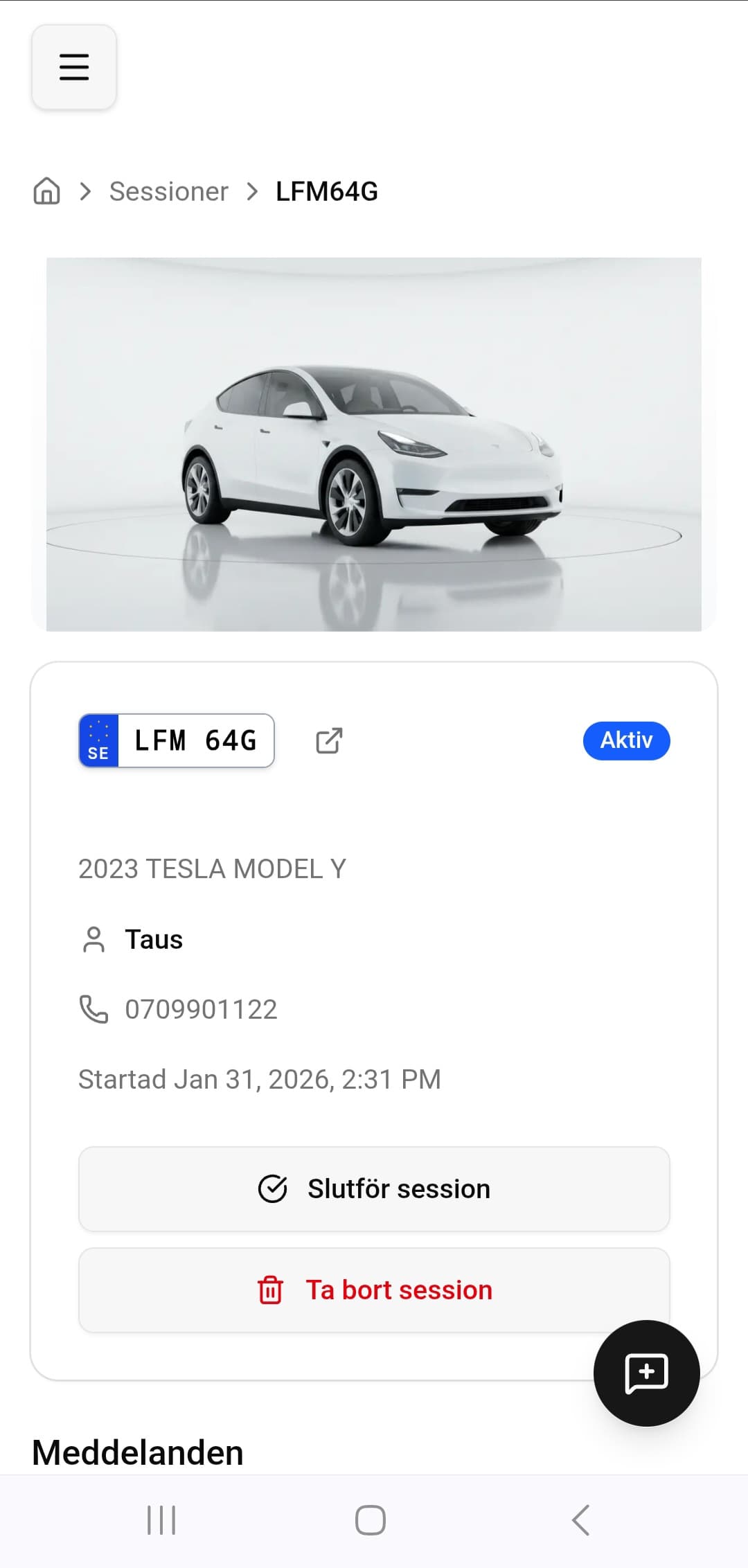 Aktiv session med kunduppgifter